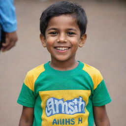 A cheerful young boy wearing a vibrant T-shirt emblazoned with the name 'Anish'.