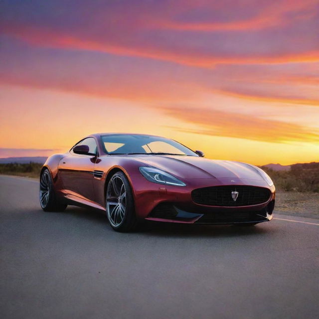 A sleek, modern car in high definition, parked against a vibrant sunset backdrop.