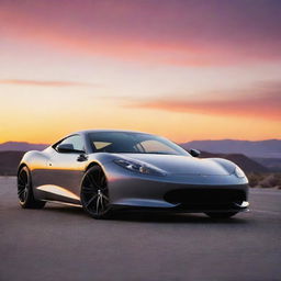 A sleek, modern car in high definition, parked against a vibrant sunset backdrop.