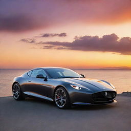 A sleek, modern car in high definition, parked against a vibrant sunset backdrop.