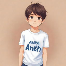 Create an anime-style illustration of a boy wearing a t-shirt that visibly displays the name 'Anish'