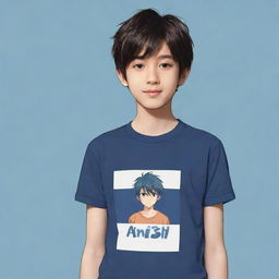 Create an anime-style illustration of a boy wearing a t-shirt that visibly displays the name 'Anish'