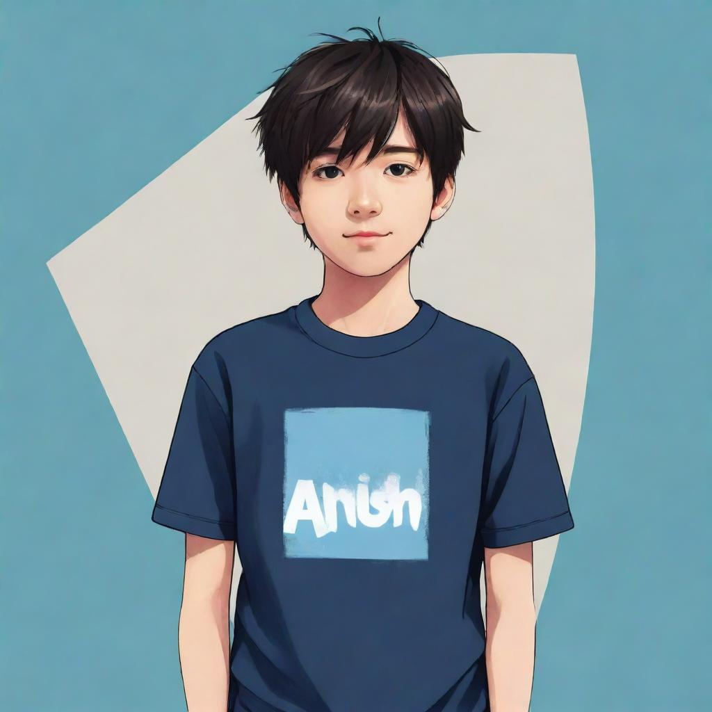 Create an anime-style illustration of a boy wearing a t-shirt that visibly displays the name 'Anish'