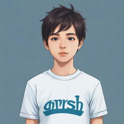 Create an anime-style illustration of a boy wearing a t-shirt that visibly displays the name 'Anish'