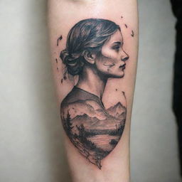 A tattoo representing the song 'Girl from the North Country'. Include symbolic elements like a lone girl, northern scenery, and music notes.