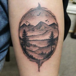 A tattoo representing the song 'Girl from the North Country'. Include symbolic elements like a lone girl, northern scenery, and music notes.