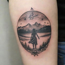 A tattoo representing the song 'Girl from the North Country'. Include symbolic elements like a lone girl, northern scenery, and music notes.