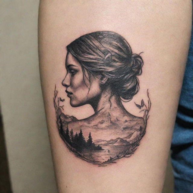 A tattoo representing the song 'Girl from the North Country'. Include symbolic elements like a lone girl, northern scenery, and music notes.