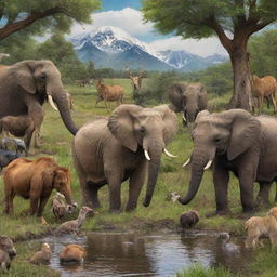 A lively wildlife scene with various animals in their natural habitat.