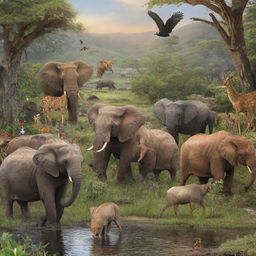 A lively wildlife scene with various animals in their natural habitat.