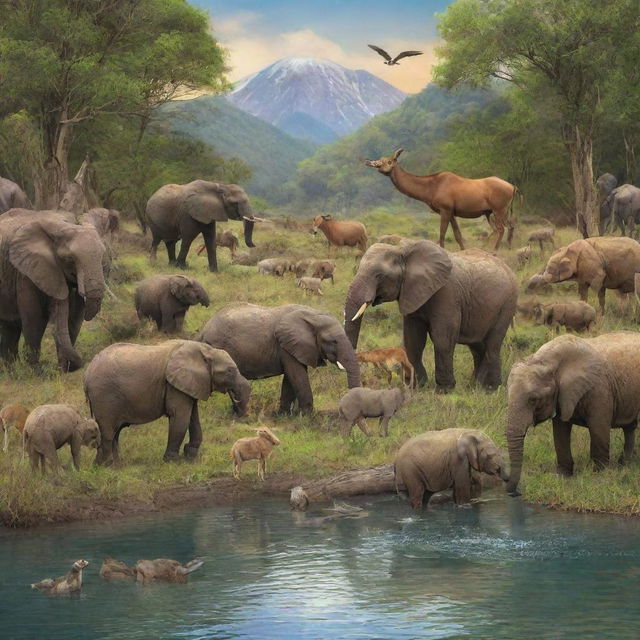 A lively wildlife scene with various animals in their natural habitat.