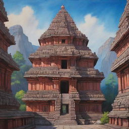 Create a painting inspired by the Yoshida style, emphasizing the Kailash Temple in India with its intricate architecture and holy significance.