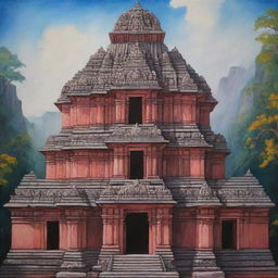 Create a painting inspired by the Yoshida style, emphasizing the Kailash Temple in India with its intricate architecture and holy significance.