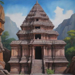 Create a painting inspired by the Yoshida style, emphasizing the Kailash Temple in India with its intricate architecture and holy significance.