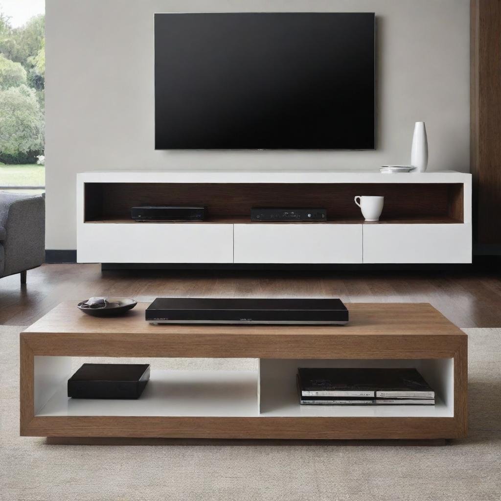 An entertainment unit and coffee table with sleek, modern design and built-in speakers, reducing the need for additional audio equipment.