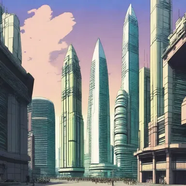The anime series portrayed a futuristic world with towering doric buildings as part of its unique visual style.