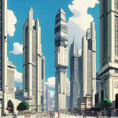 The anime series portrayed a futuristic world with towering doric buildings as part of its unique visual style.