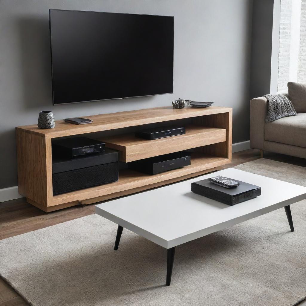 An entertainment unit and coffee table with sleek, modern design and built-in speakers, reducing the need for additional audio equipment.