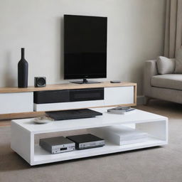 An entertainment unit and coffee table with sleek, modern design and built-in speakers, reducing the need for additional audio equipment.