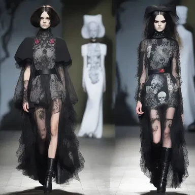 The eccentric fashion designer showcased a collection inspired by the dark and macabre, featuring a dress embellished with images of ghouls and tombstones.