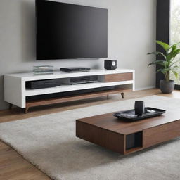 An entertainment unit and coffee table with sleek, modern design and built-in speakers, reducing the need for additional audio equipment.