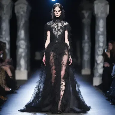 The eccentric fashion designer showcased a collection inspired by the dark and macabre, featuring a dress embellished with images of ghouls and tombstones.