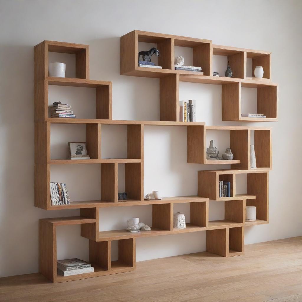 Modular bookshelves arranged in a unique, puzzle-like configuration, delivering a playful and intricate storage solution.