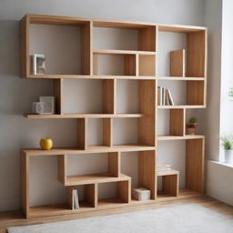 Modular bookshelves arranged in a unique, puzzle-like configuration, delivering a playful and intricate storage solution.