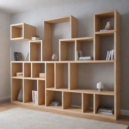 Modular bookshelves arranged in a unique, puzzle-like configuration, delivering a playful and intricate storage solution.