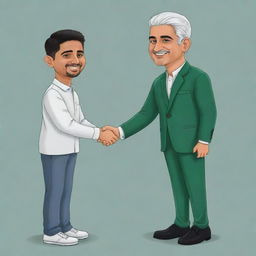 Create a cartoon image of the user, named Mir Anish, engaged in a friendly handshake with a caricature of Babar Azam.