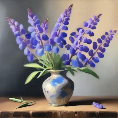 The artist painted a stunning still life of a vase filled with wild lupine flowers.