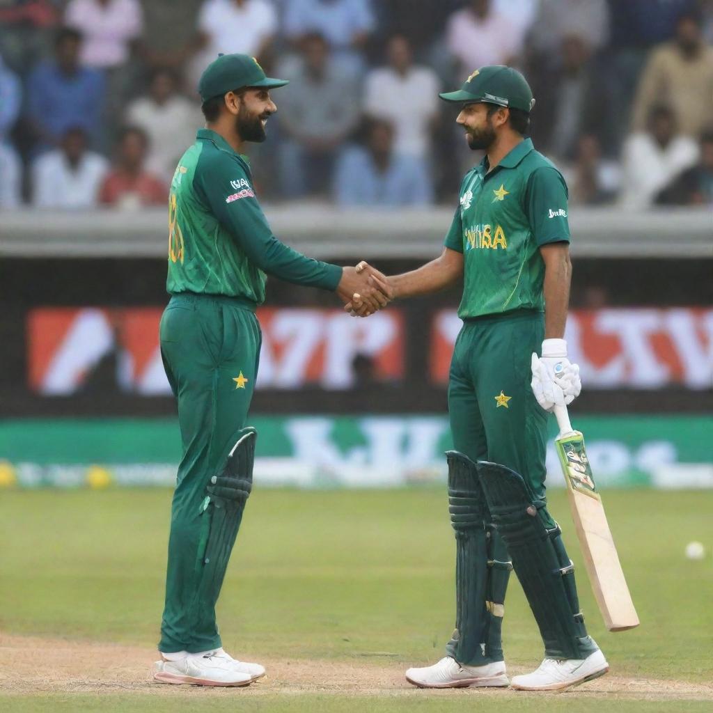 Generate a realistic image of an individual named Mir Anish shaking hands with Babar Azam.