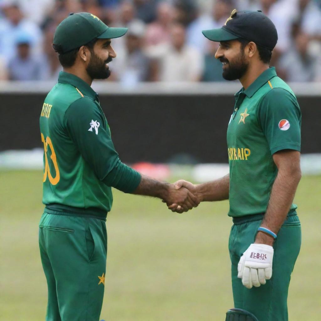 Generate a realistic image of an individual named Mir Anish shaking hands with Babar Azam.