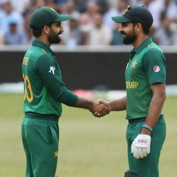 Generate a realistic image of an individual named Mir Anish shaking hands with Babar Azam.