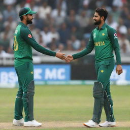 Generate a realistic image of an individual named Mir Anish shaking hands with Babar Azam.