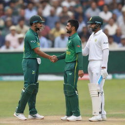 Generate a realistic image of an individual named Mir Anish shaking hands with Babar Azam.