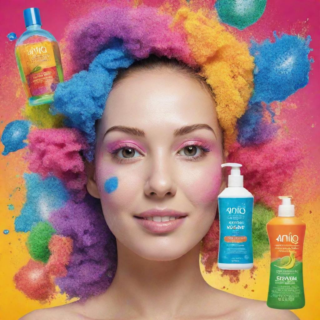 Design a vibrant advertisement poster for 'Aniq FaceWash'. Include an imaginative myriads of colors, eye-catching lettering that lists its qualities, and a detailed illustration of the product.