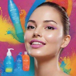 Design a vibrant advertisement poster for 'Aniq FaceWash'. Include an imaginative myriads of colors, eye-catching lettering that lists its qualities, and a detailed illustration of the product.