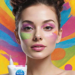 Design a vibrant advertisement poster for 'Aniq FaceWash'. Include an imaginative myriads of colors, eye-catching lettering that lists its qualities, and a detailed illustration of the product.