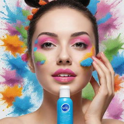 Design a vibrant advertisement poster for 'Aniq FaceWash'. Include an imaginative myriads of colors, eye-catching lettering that lists its qualities, and a detailed illustration of the product.