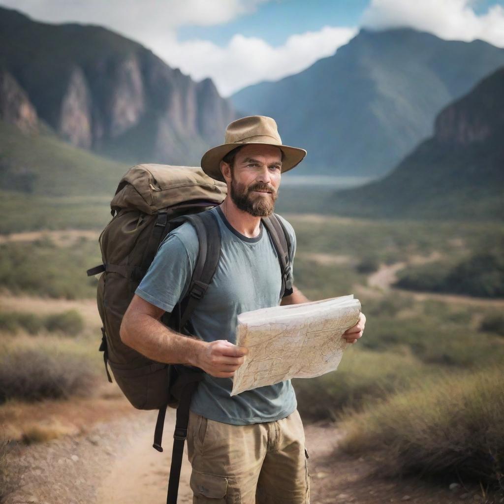 A daring adventurer garbed in rough travel-wear, standing in an exotic landscape with a trusty backpack and map in hand, ready to embark on a thrilling journey.