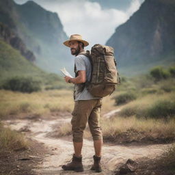 A daring adventurer garbed in rough travel-wear, standing in an exotic landscape with a trusty backpack and map in hand, ready to embark on a thrilling journey.