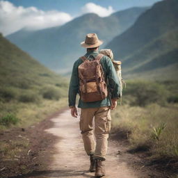 A daring adventurer garbed in rough travel-wear, standing in an exotic landscape with a trusty backpack and map in hand, ready to embark on a thrilling journey.