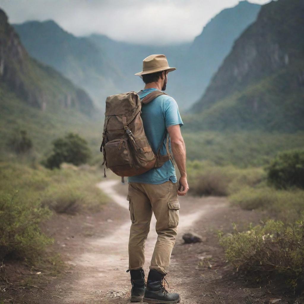 A daring adventurer garbed in rough travel-wear, standing in an exotic landscape with a trusty backpack and map in hand, ready to embark on a thrilling journey.