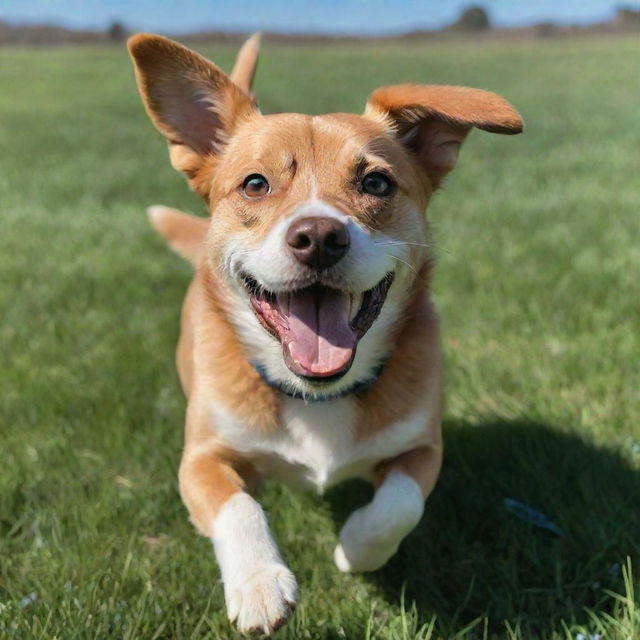 A playful and energetic dog with glossy fur and sparkling eyes, joyfully frolicking in bright green grass under a clear, blue sky.