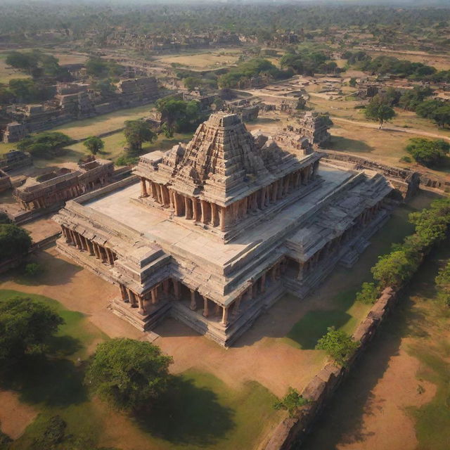 A beautiful aerial view of the historic Kingdom of Hampi during a sun-drenched morning. Highlight prominent features such as the grand temple and the vibrant hues of the city in natural light.