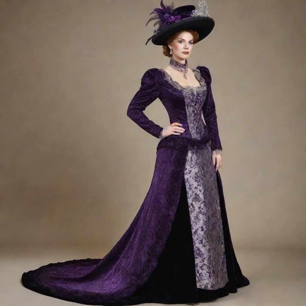 A Victorian Era-inspired heavy brocade dress, with silver lace trims and deep purple velvet. The dress also includes a sophisticated bustle and trail, complemented by a matching feathered hat.