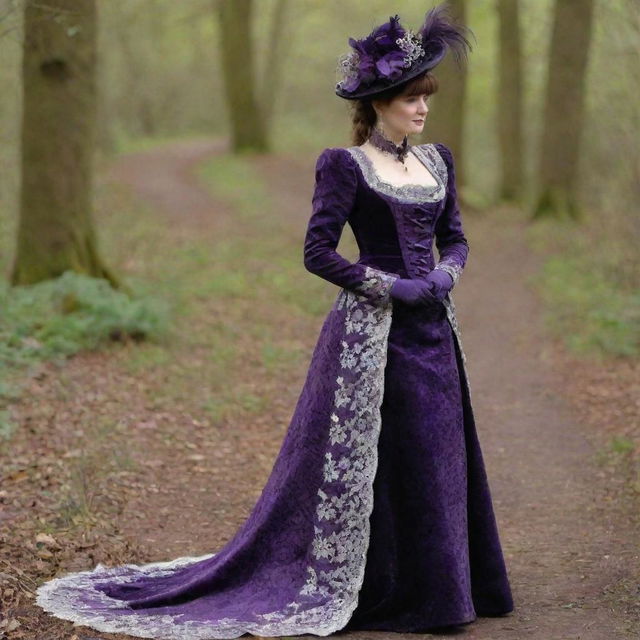 A Victorian Era-inspired heavy brocade dress, with silver lace trims and deep purple velvet. The dress also includes a sophisticated bustle and trail, complemented by a matching feathered hat.