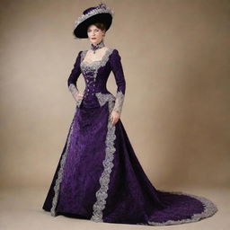 A Victorian Era-inspired heavy brocade dress, with silver lace trims and deep purple velvet. The dress also includes a sophisticated bustle and trail, complemented by a matching feathered hat.