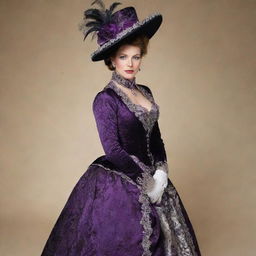 A Victorian Era-inspired heavy brocade dress, with silver lace trims and deep purple velvet. The dress also includes a sophisticated bustle and trail, complemented by a matching feathered hat.